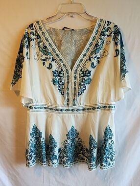 BloomChic White Blouse with Teal Blue Embroidery